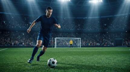Naklejka premium Professional Male Soccer Player Dribbling Ball on Green Field in Stadium.