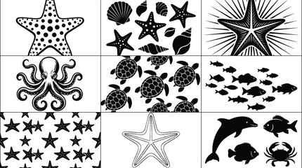 Marine life silhouette set with starfish octopus turtles fish and seashells for ocean wildlife and nautical design © MdTanvir