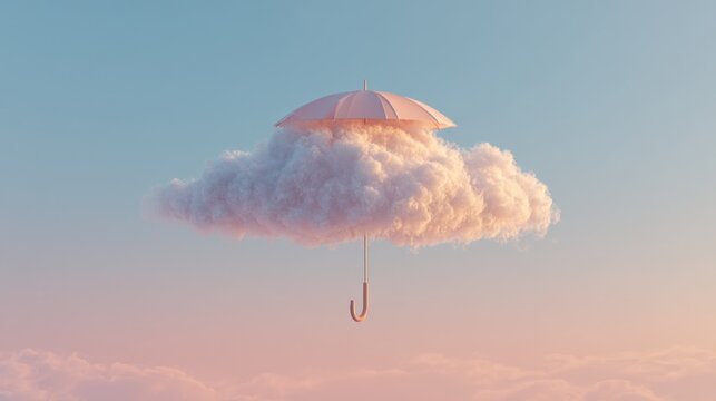 A fluffy cloud floats gently beneath a pastel sky, topped by a delicate, pink umbrella. The umbrella?s handle extends downwards