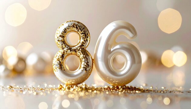 Luxury pearl number 86 with elegant white finish and golden decorative sparkles
