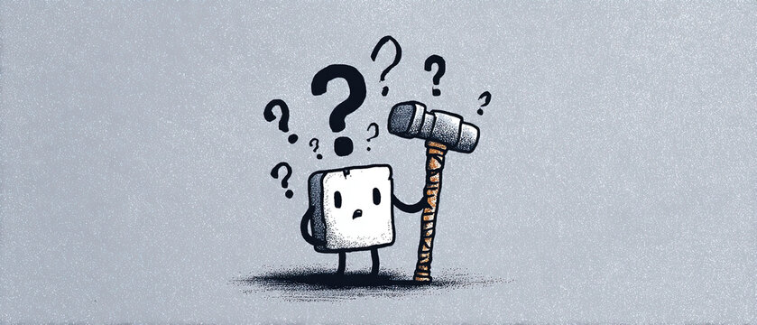 Cartoon character holding a hammer, surrounded by question marks, on a textured gray background. Concept for confusion and problem-solving.