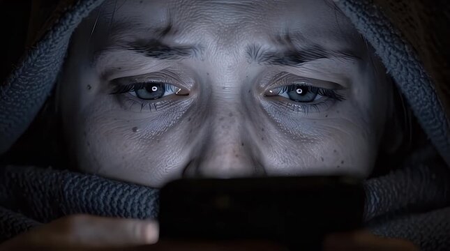 Tired Eyes Doomscrolling on Smartphone Under Blanket at Night