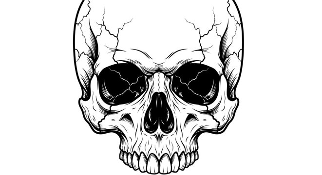 Detailed human skull sketch in black and white.