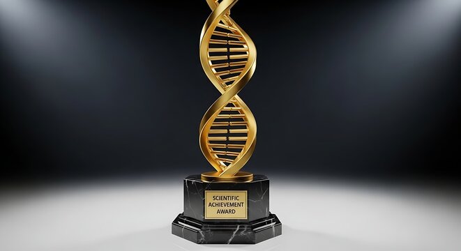 Golden dna double helix award trophy on black base with scientific achievement plaque