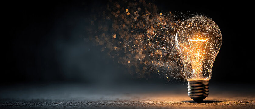 A glowing light bulb spreads warm, golden sparks on a dark background, symbolizing innovation, creativity, and fresh ideas.