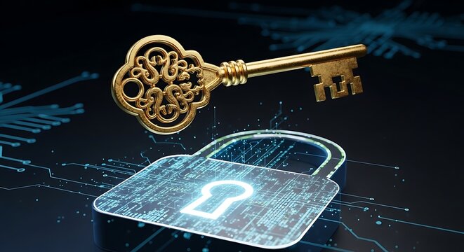 Golden ornate key unlocking futuristic digital padlock on dark tech background