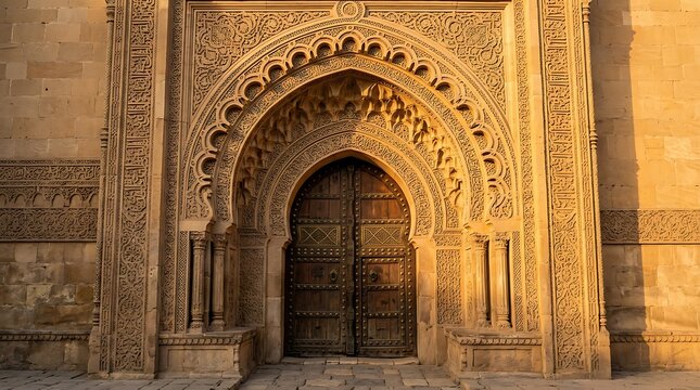 Intricate stone carving on the entrance portal of the historic gk medrese in sivas, turkey