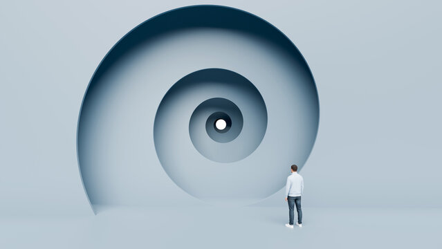 Man standing before giant concentric spiral tunnel with glowing center, focus, depth, vision and infinite goal pursuit concept, 3d render