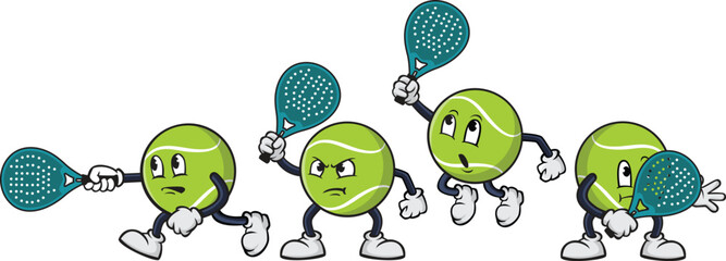Padel tennis sports mascot cartoon character set featuring a green ball with classic white lines holding a turquoise padel racket. Vector bundle includes four different dynamic poses. © anthronx
