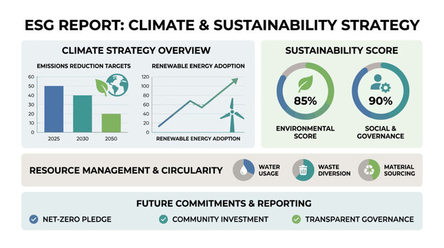 ESG Report: Climate and Sustainability Strategy Overview with Scores and Commitments.