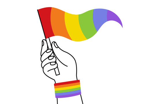 Vector illustration in flat simple linear style - hand and pride parade and month, LGBT rainbow flag, lesbian gay bisexual transgender love concept, Icon and symbol for sticker,  t-shirt print