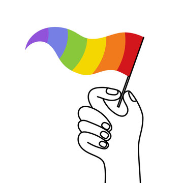 Vector illustration in flat simple linear style - hand and pride parade and month, LGBT rainbow flag, lesbian gay bisexual transgender love concept, Icon and symbol for sticker,  t-shirt print