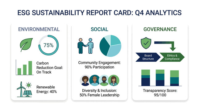 ESG Sustainability Report Card Q4 Analytics showing environmental, social, and governance metrics with progress indicators and scores.