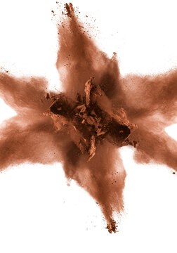 Sculptural explosion of terracotta, cocoa, mahogany cosmetic pigment powder, kinetic cloud, ultra-macro shot on transparent, dramatic high-key light. Concept for luxury beauty advertising