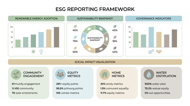 ESG Reporting Framework dashboard with renewable energy, sustainability, governance, and social impact visualizations.