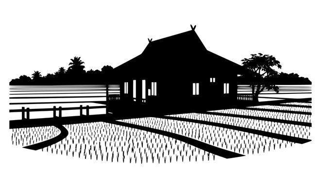 Silhouette of a Traditional House in a Rice Field Landscape Illustration