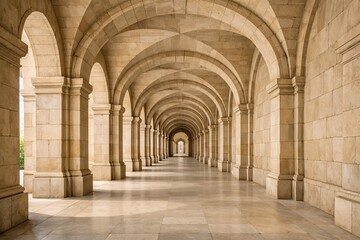 Fototapeta premium Historic stone corridor with arches and smooth marble floor 