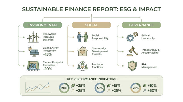 Sustainable Finance Report infographic illustrating Environmental, Social, and Governance (ESG) factors and their impact with key performance indicators.