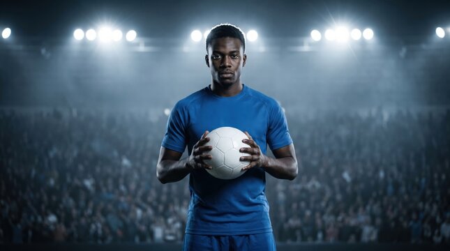 Serious male soccer player holding ball in illuminated stadium ready for game.