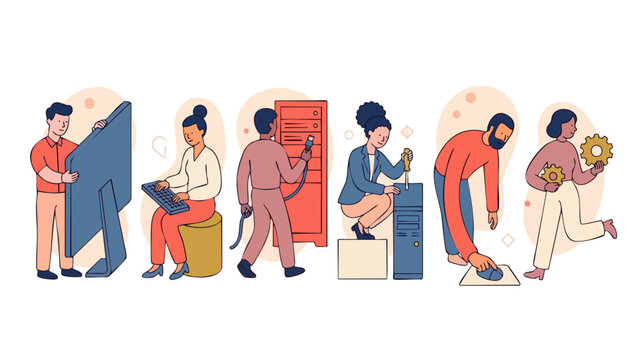 IT Professionals Team Working Collaboration Concept, People Technical Support and Computer Repair Maintenance Vector Illustration, Office Technology Staff Fixing Hardware Equipment and Systems Network