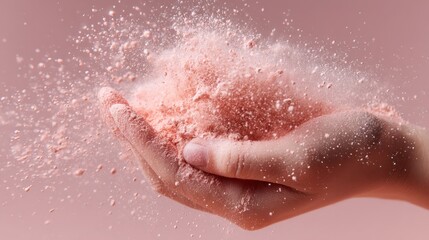 Fototapeta premium Light pink powder exploding from cupped hand