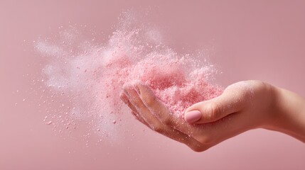 Fototapeta premium A pale pink powder erupts from a hand against a soft pink background