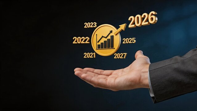 Golden coin with rising graph and future years timeline, financial forecast and economic prediction, long term investment strategy, wealth accumulation and retirement planning