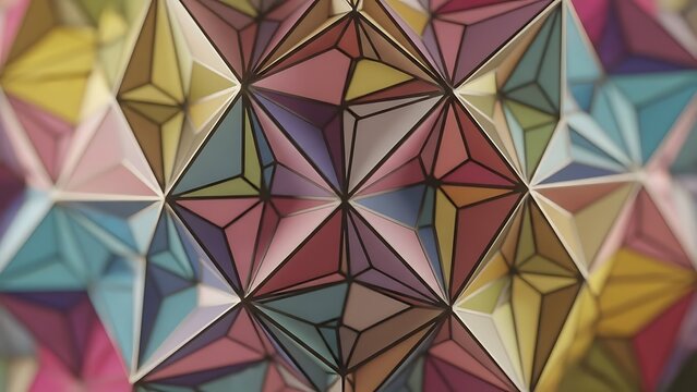 Abstract geometric pattern with colorful triangle shapes and dark lines forming a complex 3d structure
