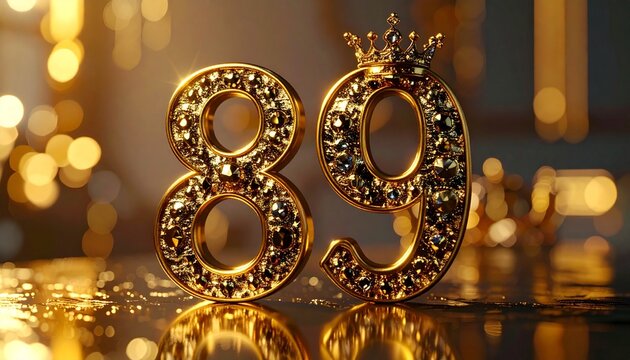 Luxury golden number 89 with royal crown ornaments and cinematic luxury reflections
