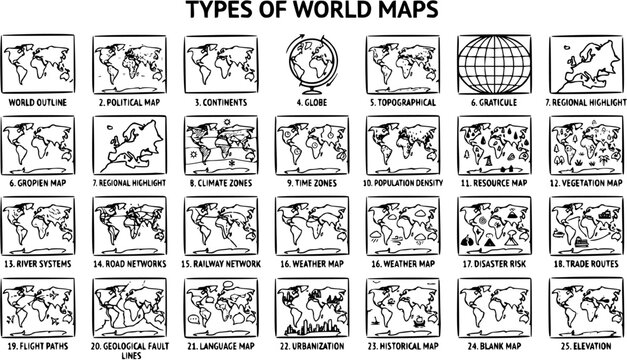Black and White Line Art World Maps Collection for Geography, Education, and Global Planning