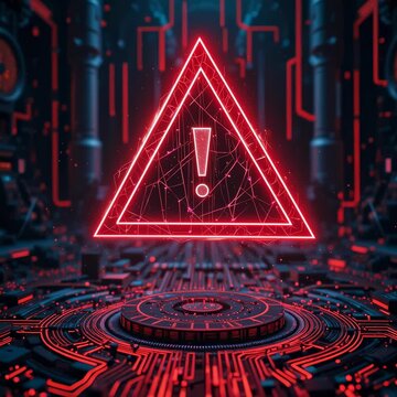 Neon Red Cyber Security Alert Triangle Over Digital Network Background