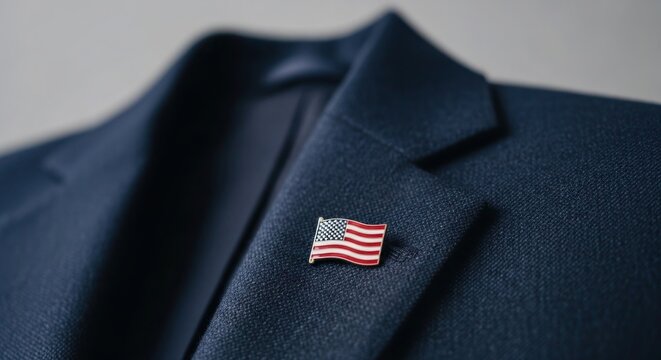 American flag lapel pin attached to a professional navy blue suit jacket for formal business attire