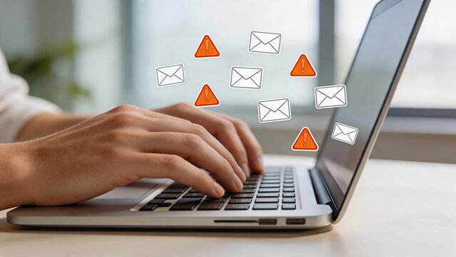 Hands typing on laptop keyboard surrounded by floating email envelopes and orange warning triangles indicating spam alerts, phishing threats, cybersecurity risks, inbox overload