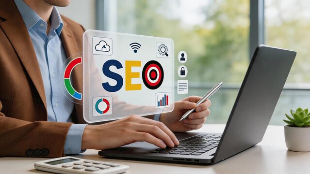 Business professional analyzing SEO search engine optimization metrics on transparent holographic screen above laptop with cloud wifi settings user lock document icons