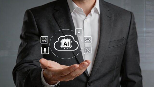 Business professional presenting artificial intelligence cloud solution with digital icons for data, voice, settings and download, representing enterprise AI integration,