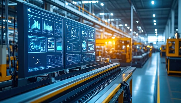 Industrial automation control panel display in a modern factory warehouse setting with machinery