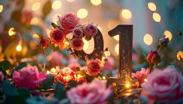 Beautiful floral number 91 with blooming roses and soft glowing lights, ultra elegant style