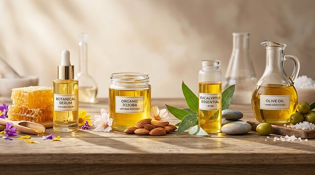 Ragam botol minyak esensial dan serum di meja laboratorium bercahaya melambangkan inovasi sains kosmetik dan rahasia penyembuhan alami.