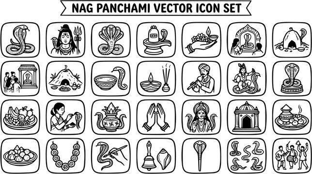 Nag Panchami Hindu Festival Vector Icon Set: Snake Worship, Shiva, Goddess, Offerings, and Celebration Line Art Glyphs