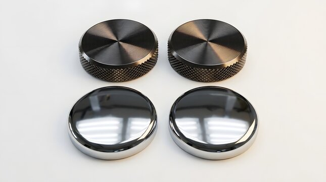 Four metallic knobs with textured surface and smooth polished chrome finish.