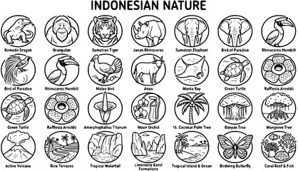 Indonesian Nature Icons: Black and White Line Art Animals, Plants, and Landscapes © pixsource