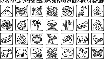 Hand-Drawn Vector Icon Set: 25 Types of Indonesian Nature, Wildlife, Flora, and Landscapes in Black  White Line Art Style © pixsource