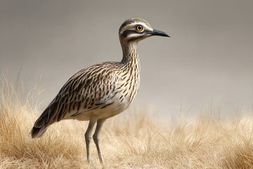 Obraz premium Bush Stone Curlew Australian Ground Bird With Yellow Eyes Camouflage, Wildlife Nature Portrait Photography