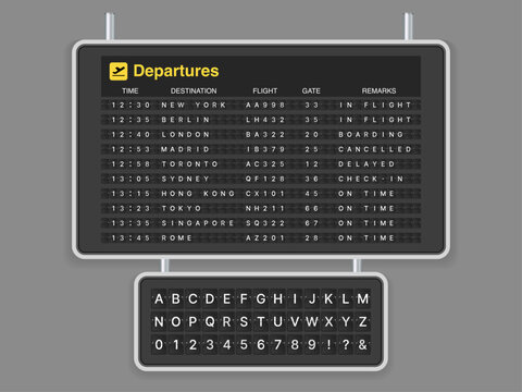 Realistic Airport Departures Flip Board Template with Flight Information, Numbers and ABC Alphabet on Split Flap Scoreboard Vector