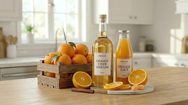 Botol jus jeruk dan cuka sari organik berdampingan dengan buah segar melambangkan asupan vitamin c harian untuk kekebalan tubuh