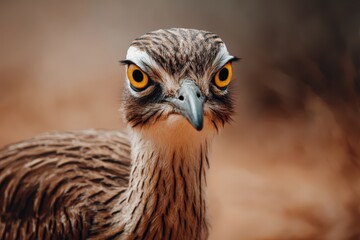 Naklejka premium Bush Stone Curlew Close Up Portrait Yellow Eyes Cryptic Plumage Australian Wildlife Bird Photography Nature Stock