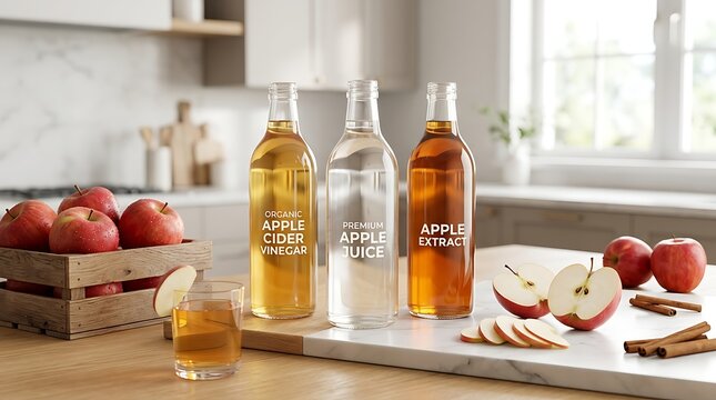 Tiga botol variasi ekstrak dan cuka apel berjejer rapi di dapur modern melambangkan kekayaan nutrisi alam untuk kesehatan pencernaan harian
