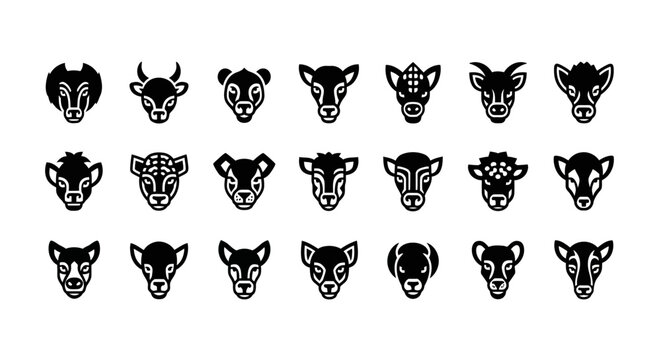 Collection of twenty stylized animal head icons in a grid format