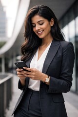 Fototapeta premium Confident businesswoman using smartphone outdoors.