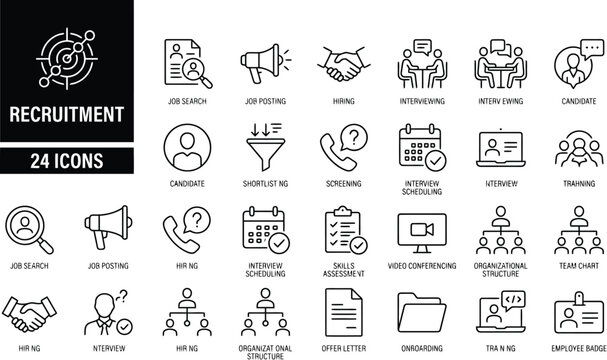 Recruitment icons: 24 vector graphics for hiring process with human resources